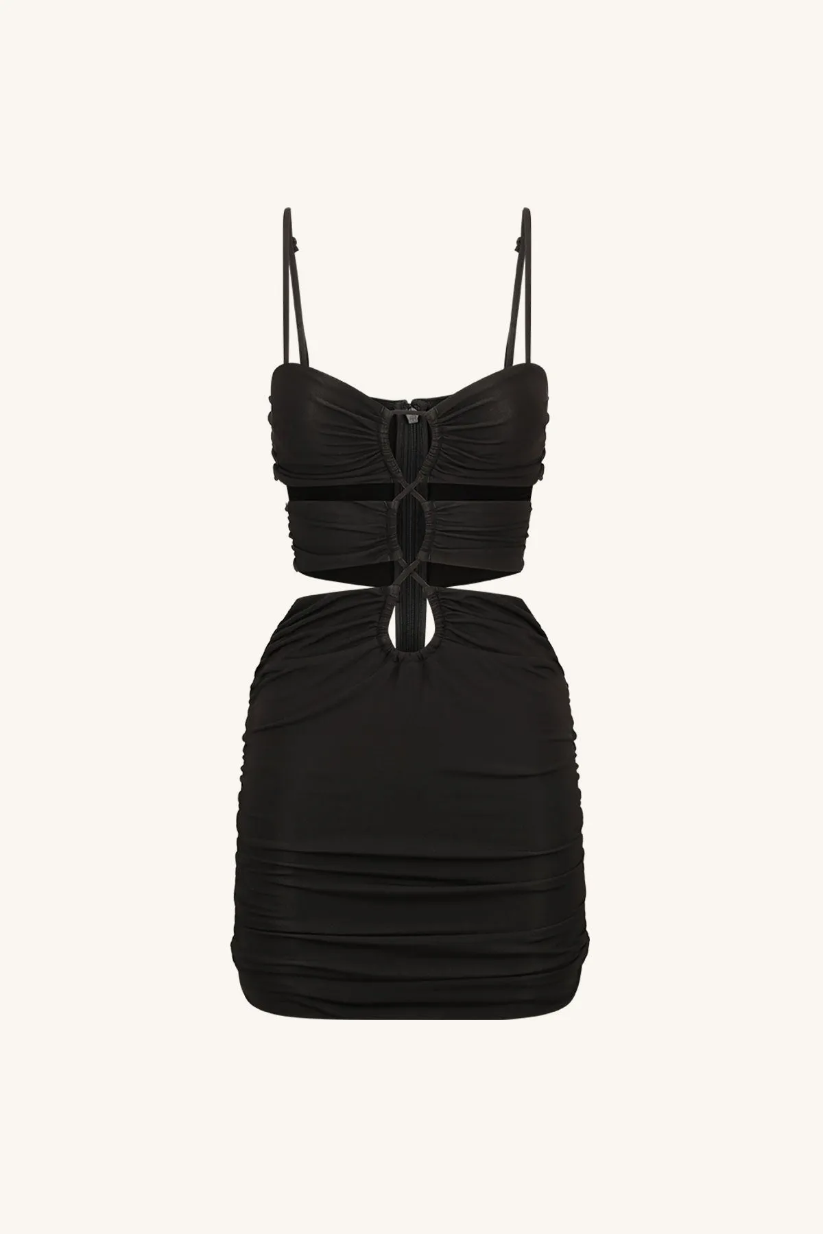 YVETTE LACE UP RUCHED MINI DRESS